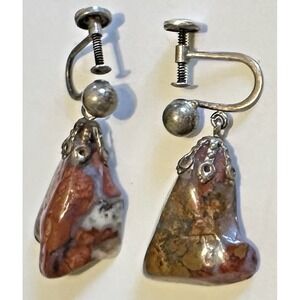 Jasper Natural Stone Earrings Screw Back Dangle, 925 Sterling Silver  Vintage